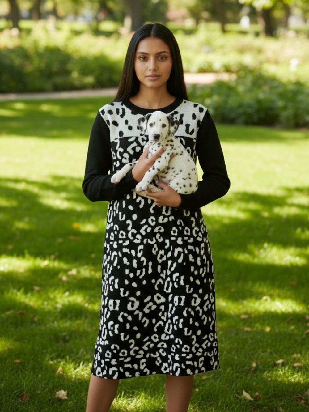 Style & Co. Black and White Long Sleeve Animal Print Dress